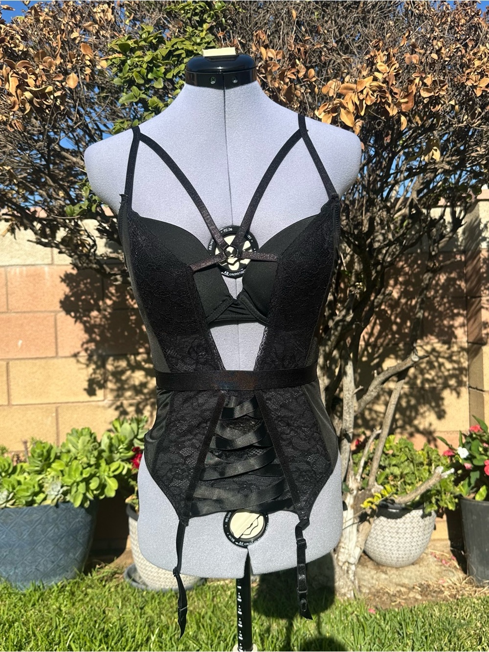 Body Rage Black Lace Strappy Bodysuit Corset with Garter Details Size Large